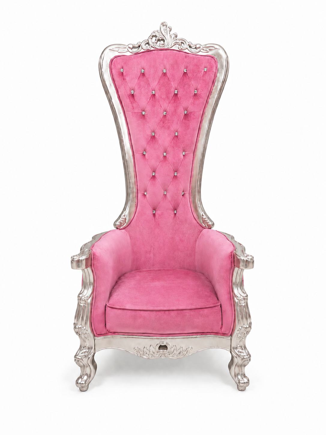 Pink tufted throne chair available as a studio prop